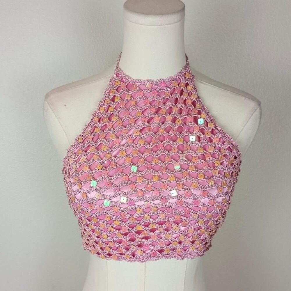 Y2K Iridescent Sequin Crochet Halter Fairy Top